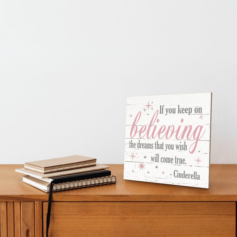 SUSZDOU Nursery Decor, Inspirational Sign, Wood Plaque Table Art Sign 6.2*6.2inch, Princess Shelf Decor, Bedroom Decorate for Baby Girl, Cute Decorate, If You Keep On Believing The Dreams You Wish Will Come True B - Image 4
